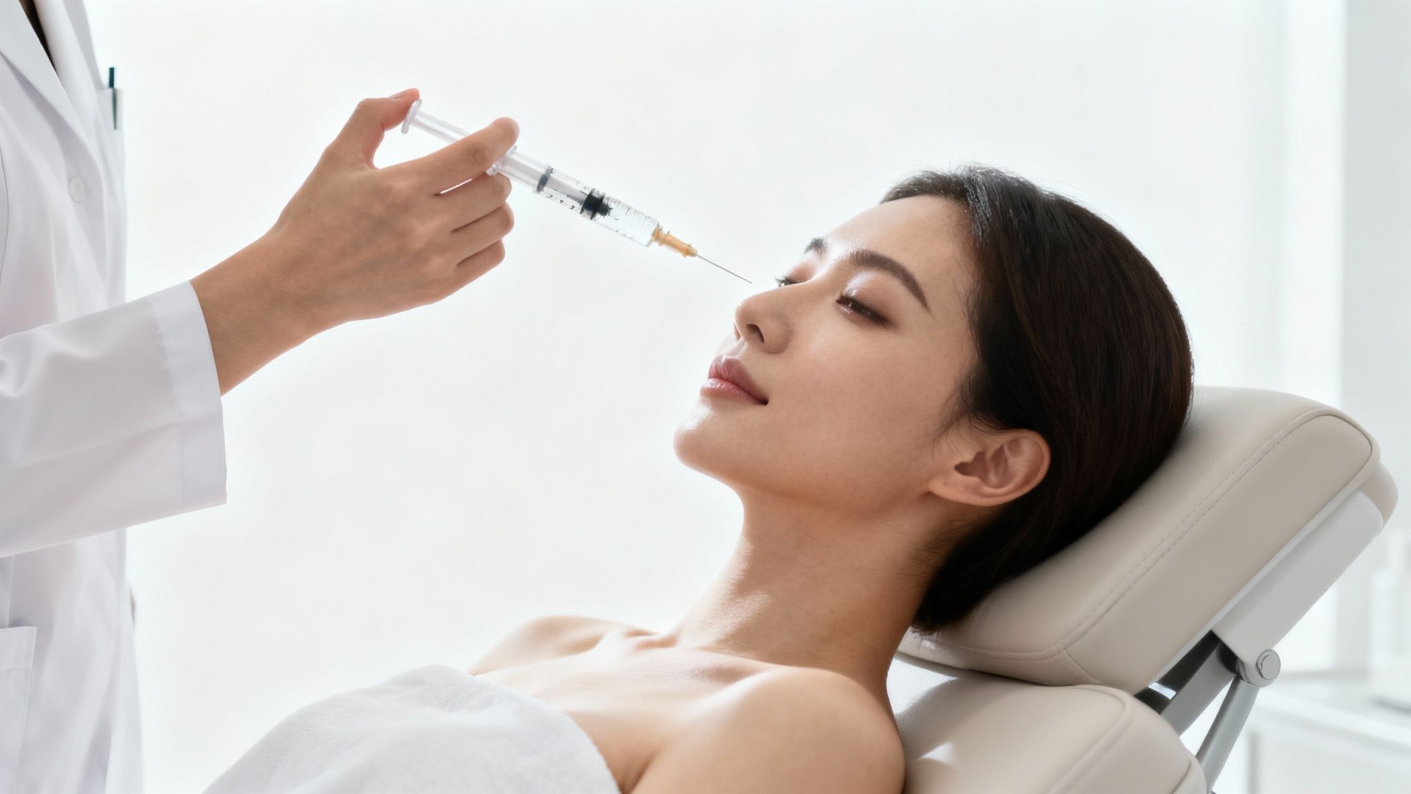 A practitioner preparing a dermal filler syringe in a clean, modern clinic setting.
