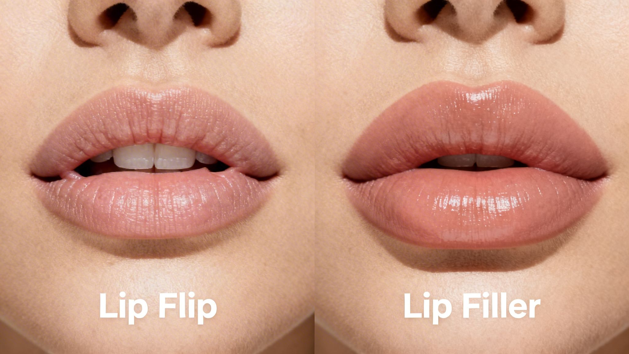 Close-up comparison of a person's lips, showing a lip flip on the left and lip filler on the right.