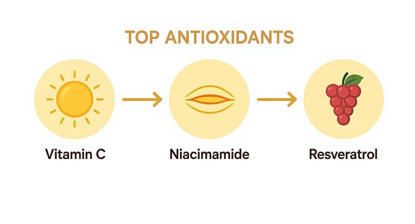 Three top antioxidants illustrated: Vitamin C with sun icon, Niacinamide with leaf, and Resveratrol with grapes