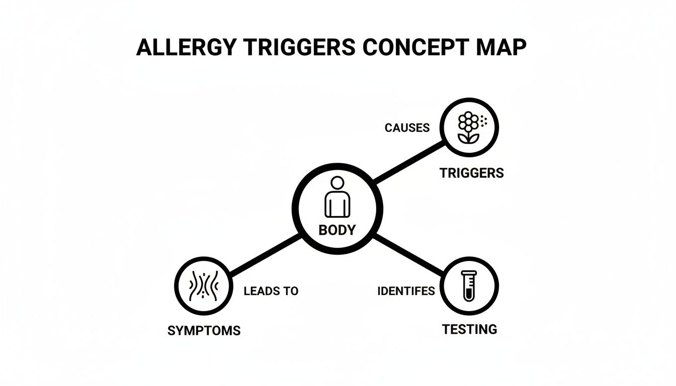 A concept map illustrating allergy triggers, body reactions, symptoms, and testing methods.