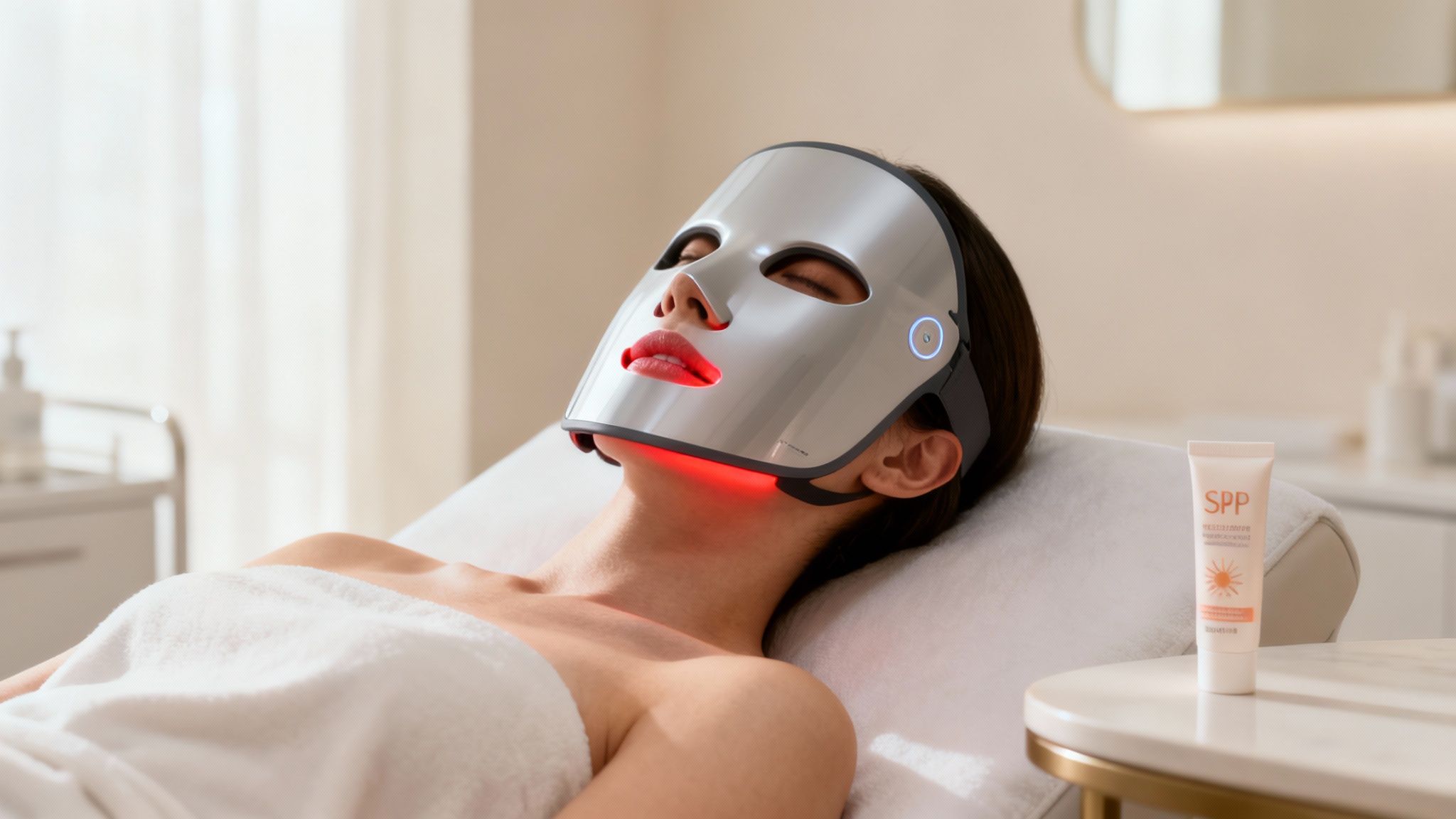 A woman receives a red light therapy facial treatment using a futuristic LED mask in a spa setting.