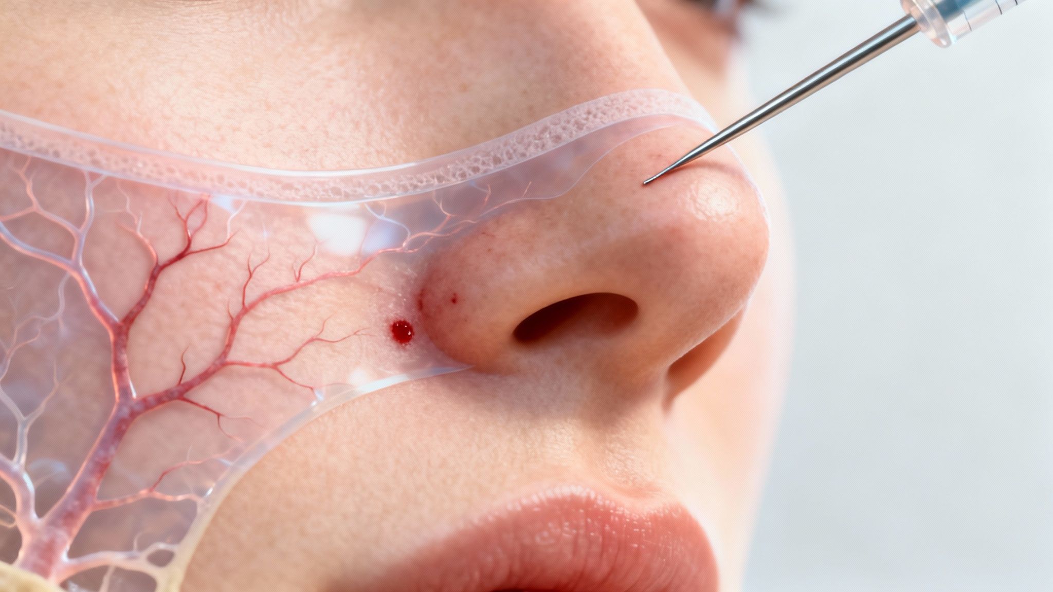 Close-up of a cosmetic injection into the nose, showing a syringe, blood, and visible veins.