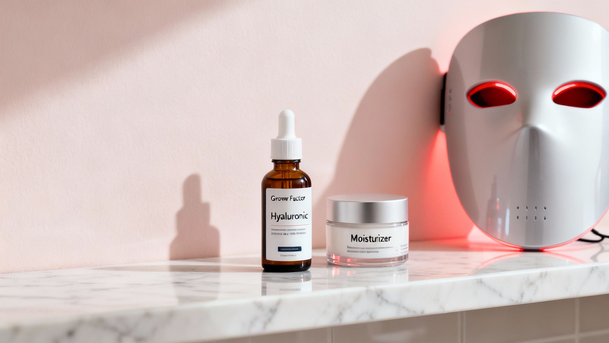 Hyaluronic serum, moisturizer jar, and a red LED light therapy mask on a marble counter.