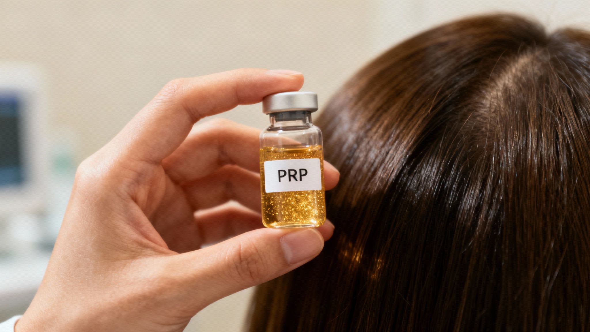 A detailed illustration of a PRP treatment session on the scalp, showing the injection process.