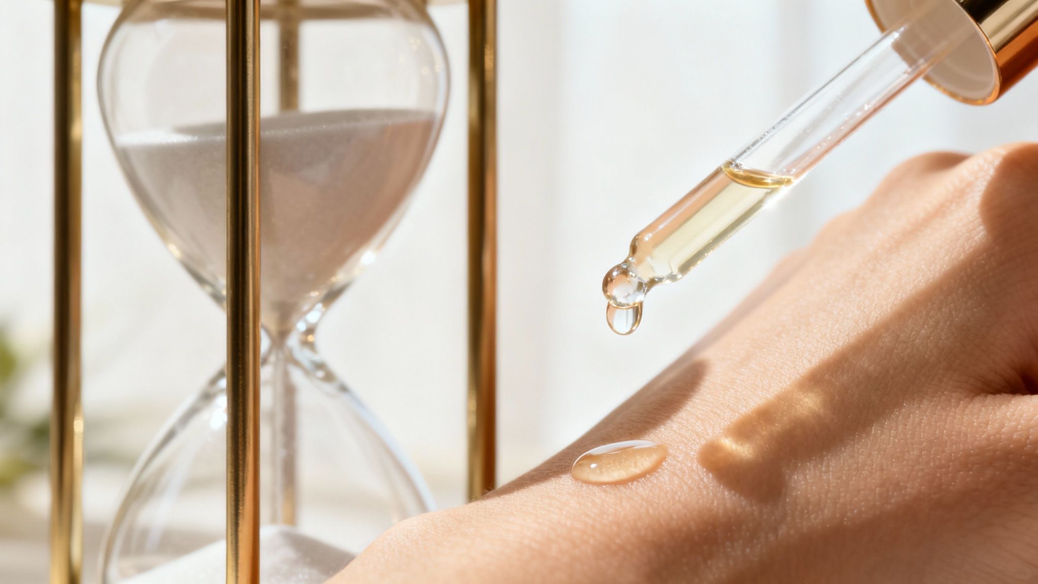 Woman with a glowing complexion applying serum to her face