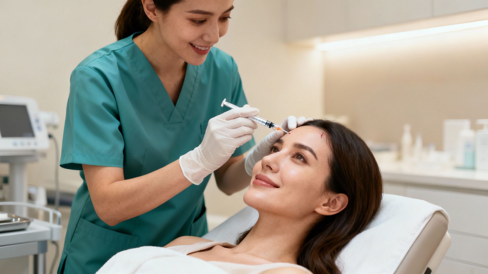 Smiling patient receiving preventative botox injections on her forehead from a healthcare professional.