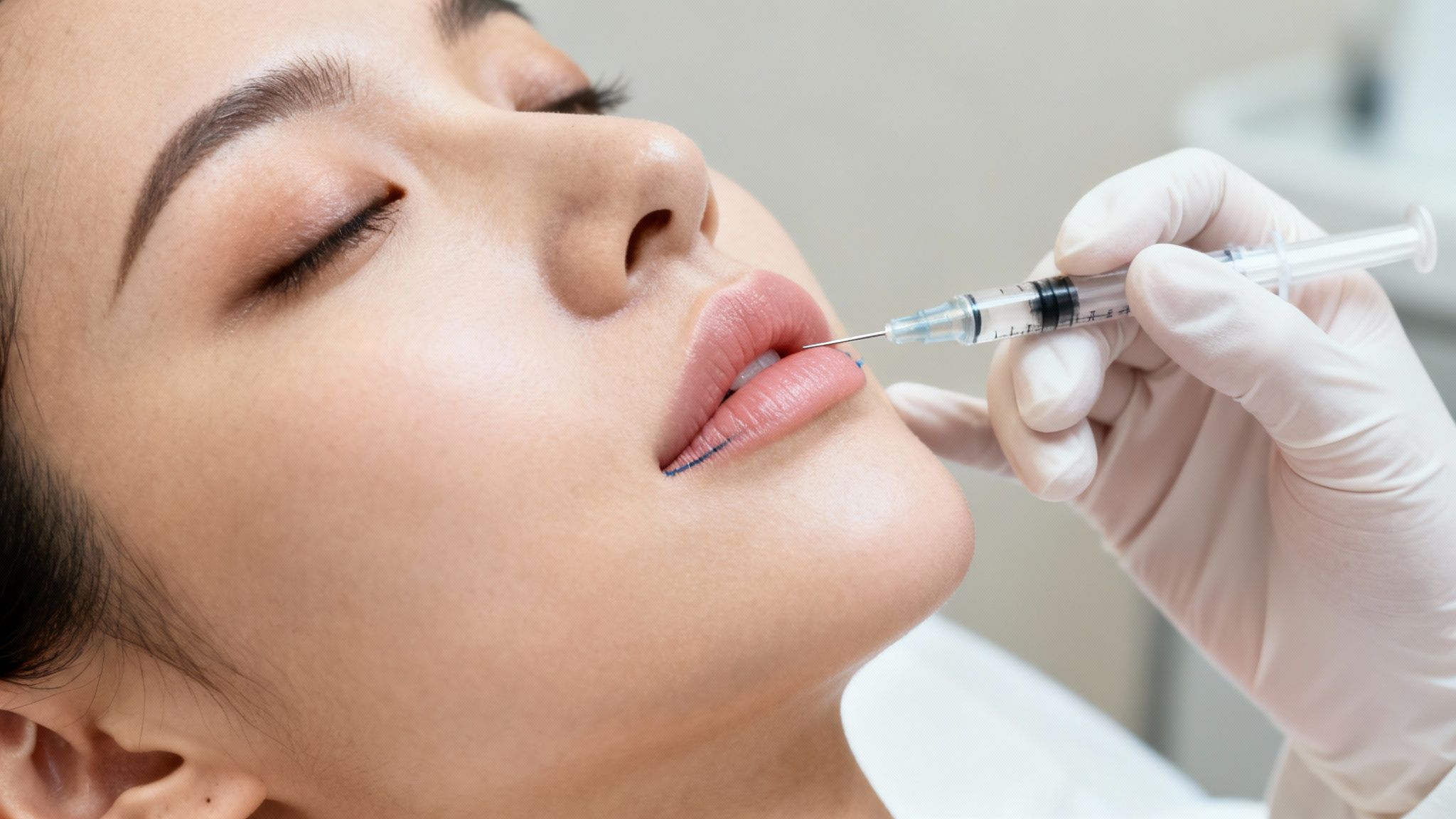 Close-up of a person receiving lip augmentation injections, with a syringe entering the upper lip.