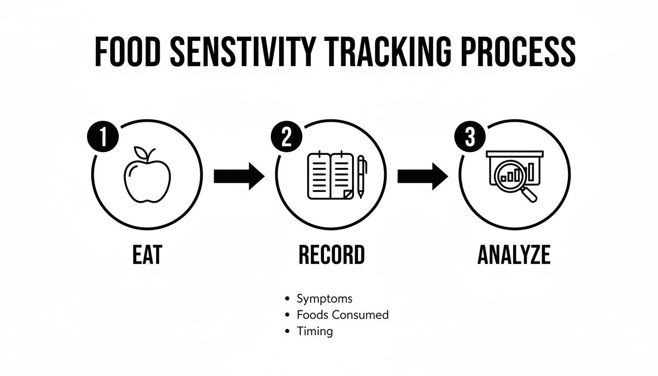 A three-step diagram showing the food sensitivity tracking process: Eat, Record, and Analyze.