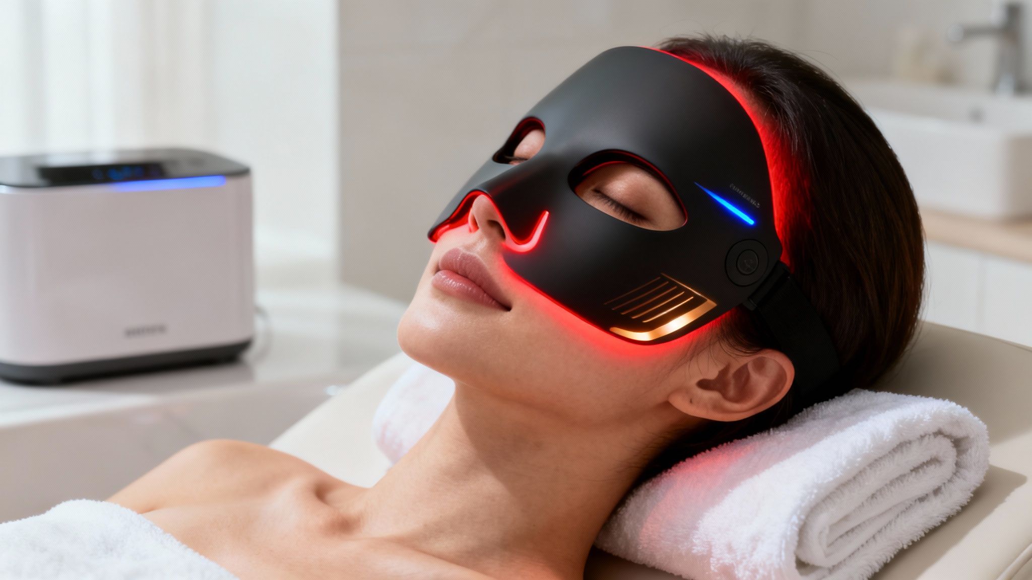 A woman relaxes with her eyes closed, wearing a red and blue LED light therapy mask.