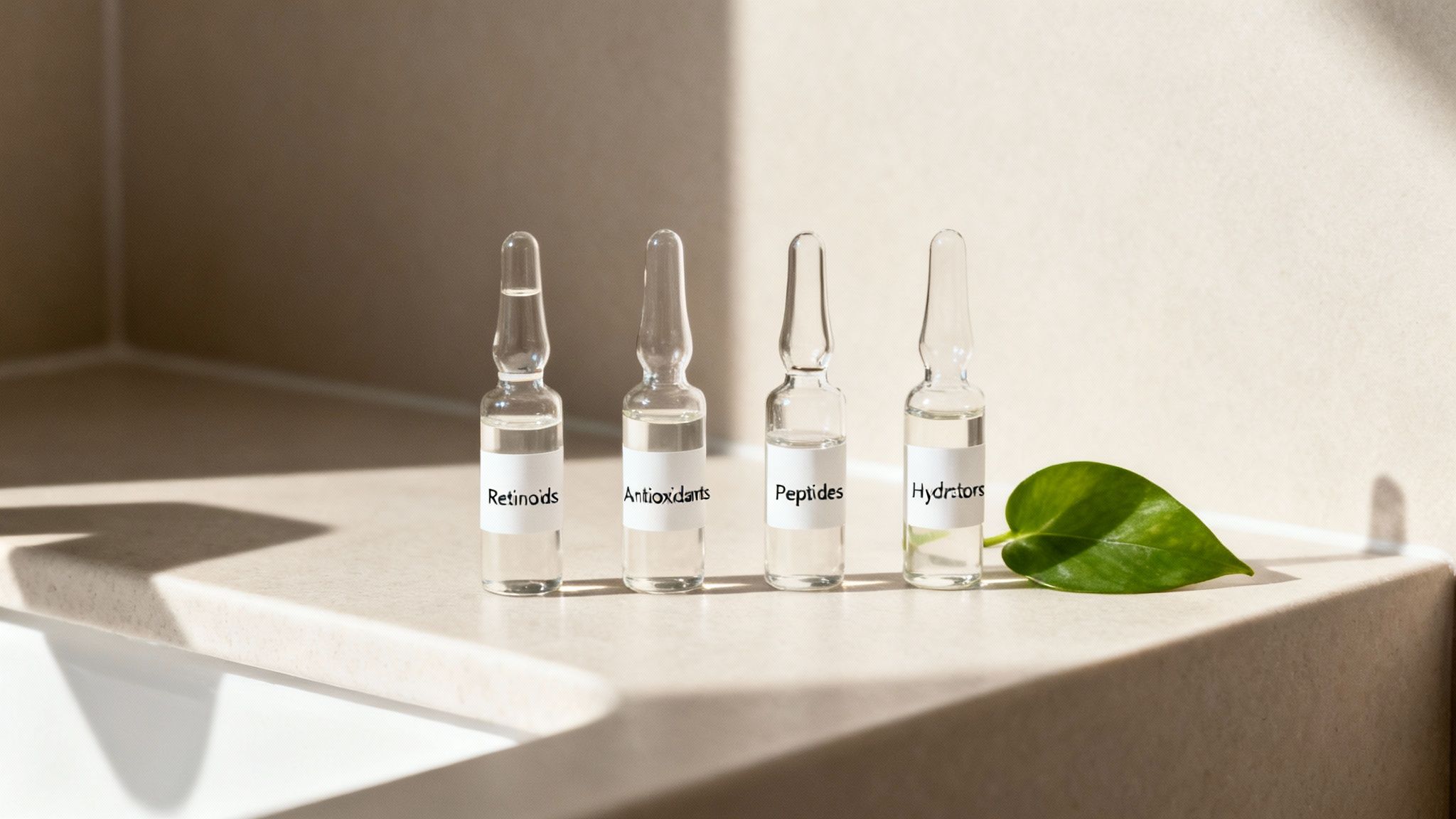 Four ampoules labeled Retinoids, Antioxidants, Peptides, and Hydrators for anti-aging skincare.