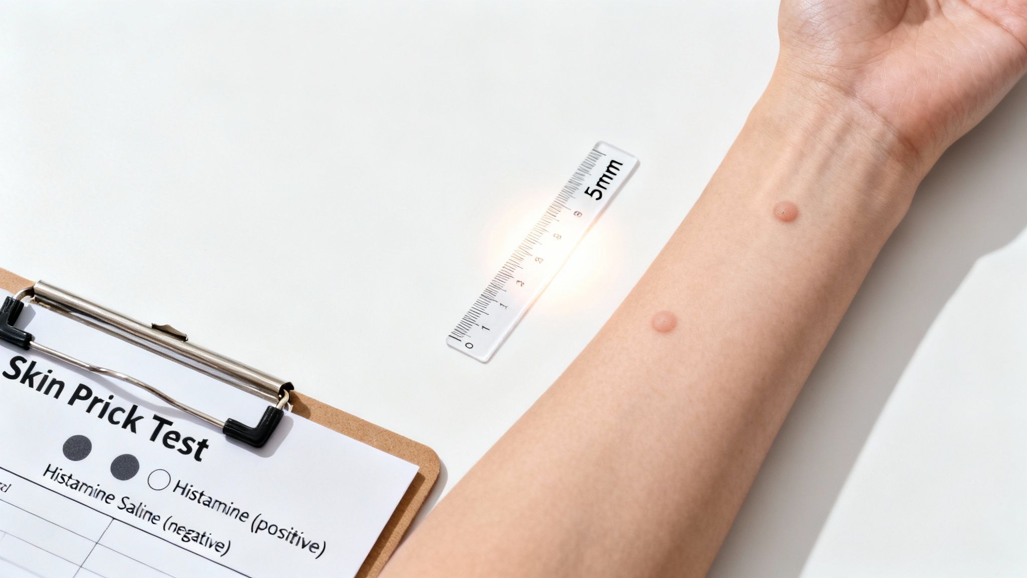 Arm undergoing a skin prick test with wheals, a ruler, and a clipboard showing test results.
