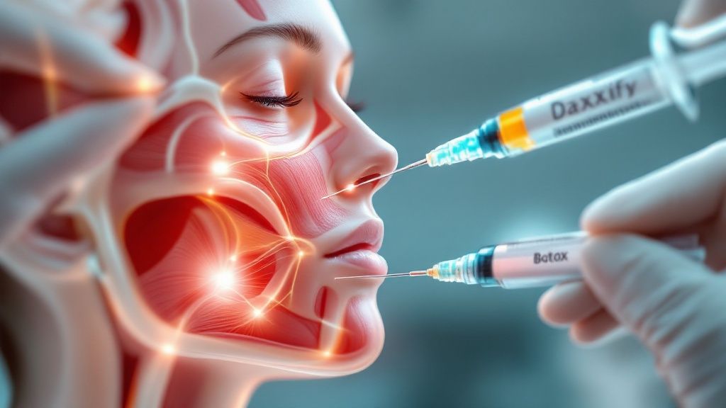 A microscope showing molecular structures, representing the science of Daxxify and Botox