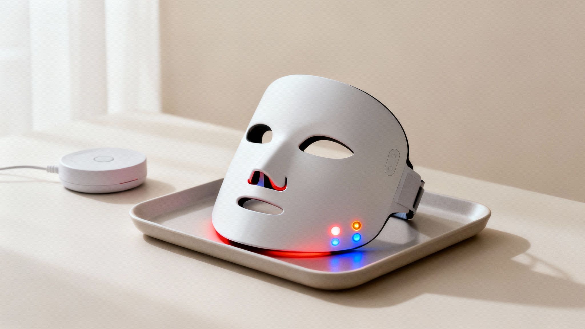 A white LED light therapy face mask with glowing red, blue, and orange lights on a tray.