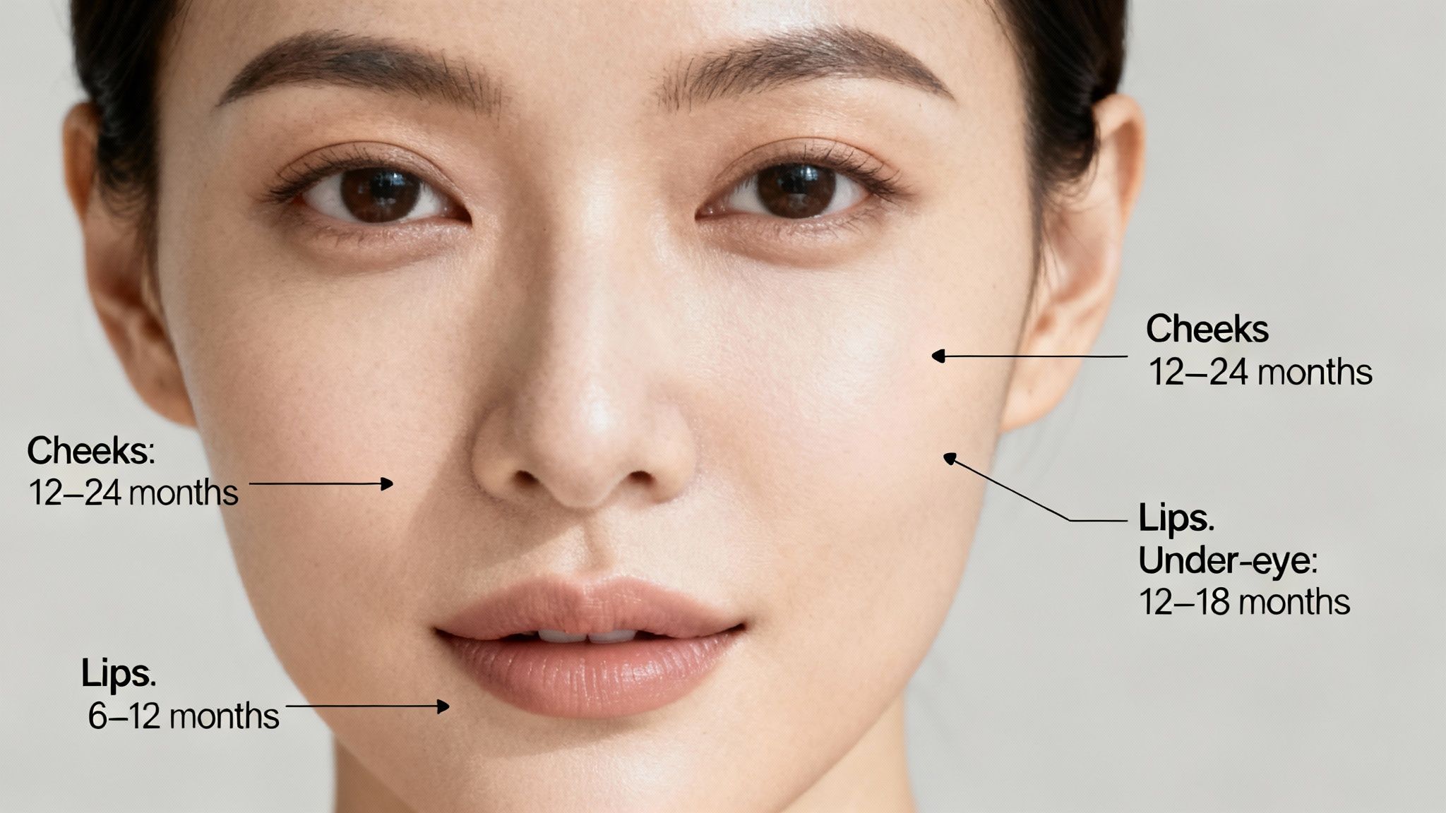 Close-up of a face showing longevity of facial fillers: cheeks (12-24 months), lips (6-12 months), and under-eye (12-18 months).