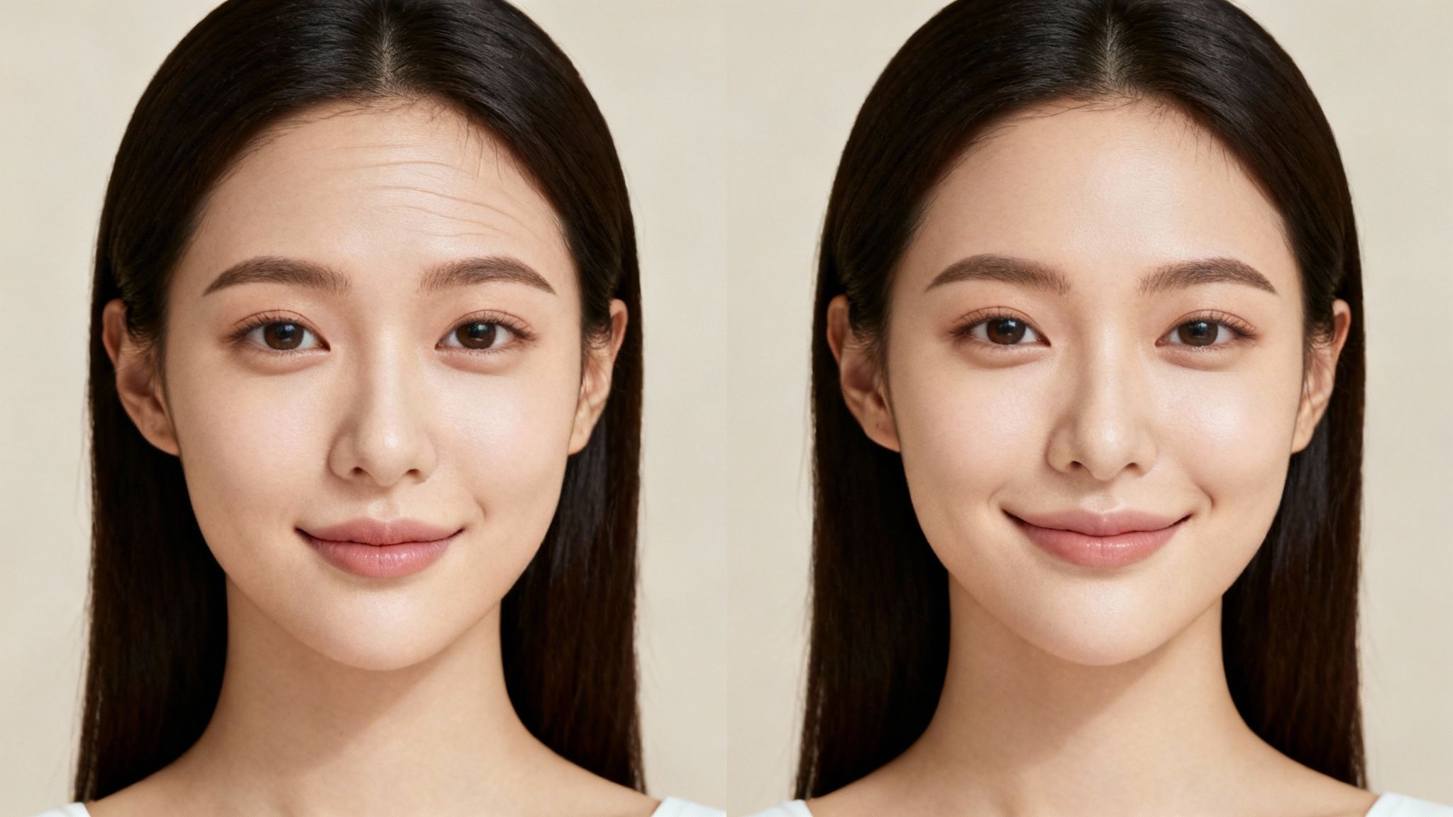Before and after comparison of a woman's face, showing smoothed forehead wrinkles after treatment.
