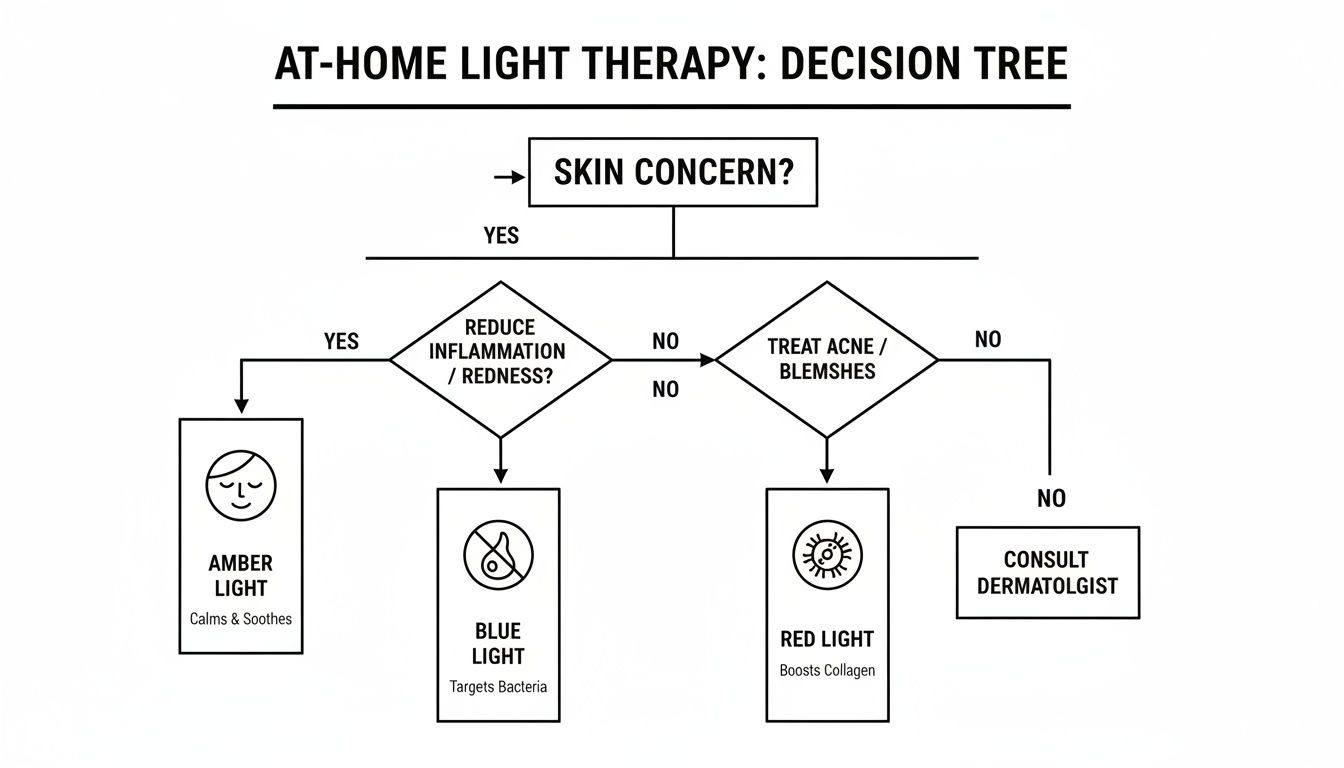 A decision tree flowchart guides users on at-home light therapy for various skin concerns.