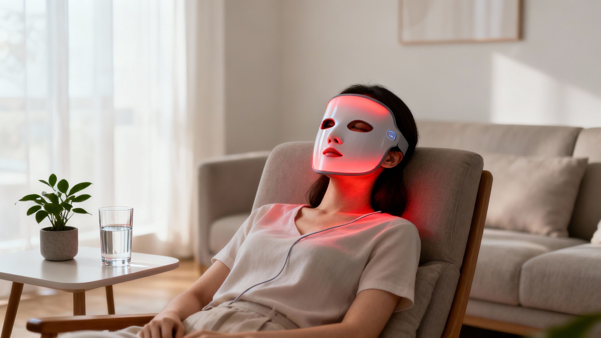 Woman relaxing in a chair with a glowing red LED light therapy mask on her face.