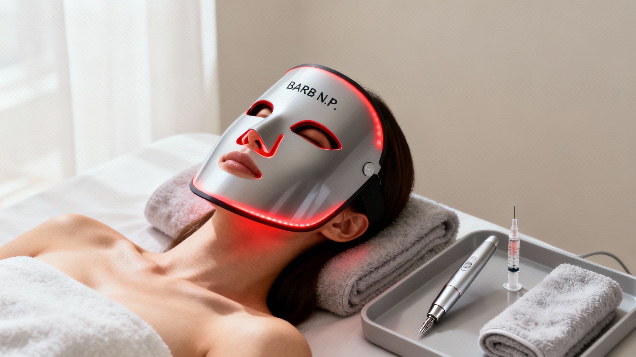 Woman receiving red LED light therapy treatment on face, lying relaxed on a spa bed.
