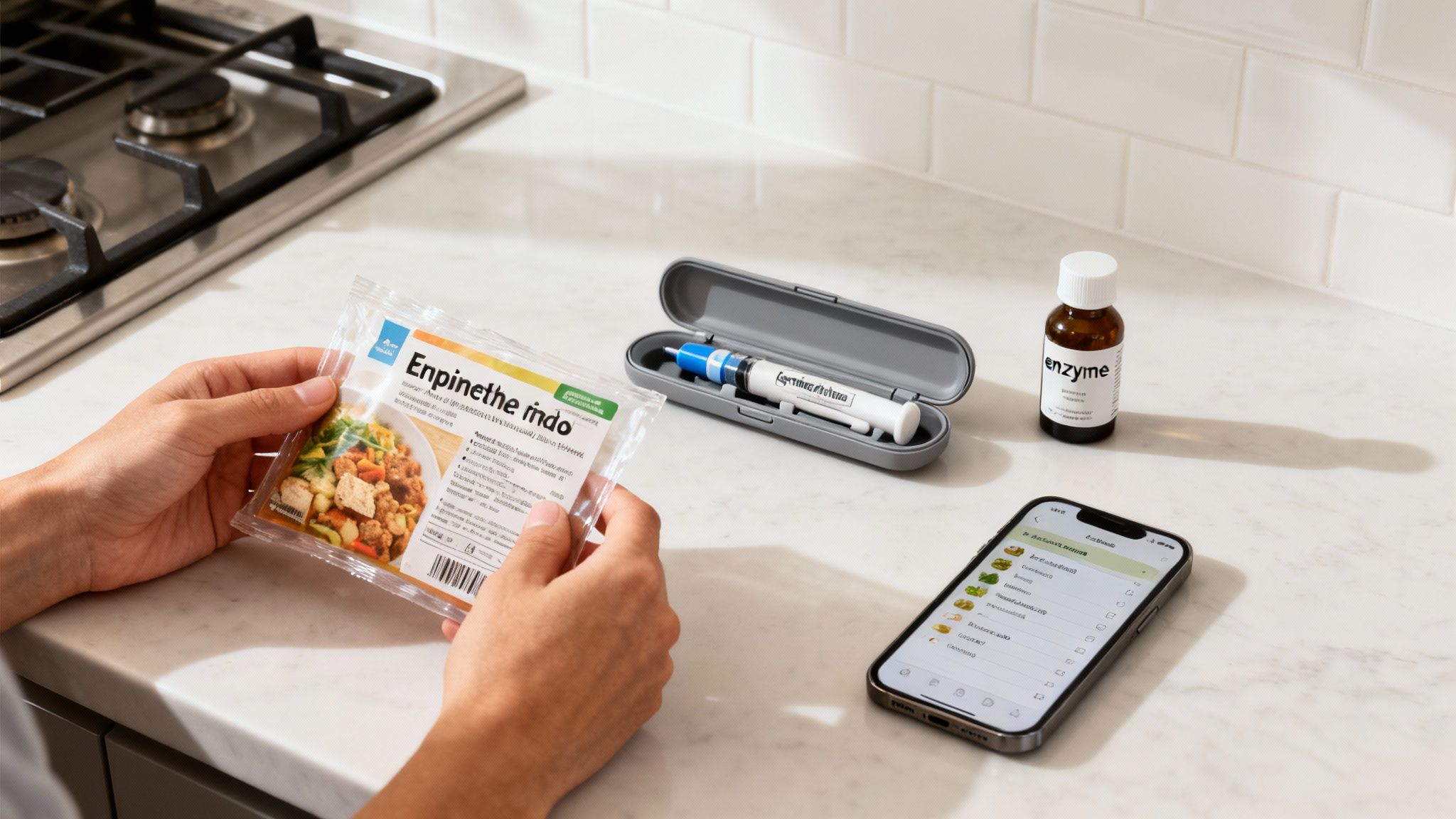 Person holding food package while checking ingredients with diabetes management kit and phone app nearby