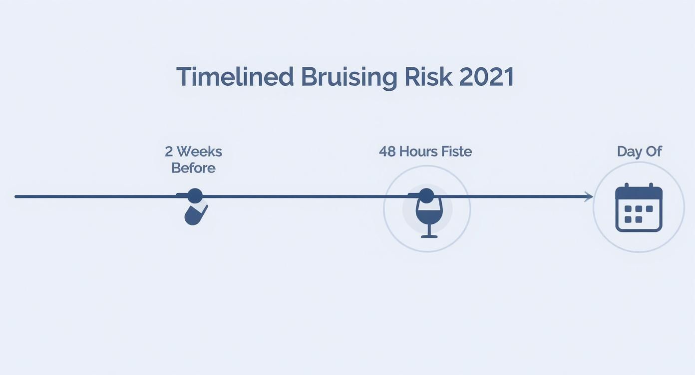 Timeline illustrating bruising risk, showing a pill 2 weeks before and a wine glass 48 hours before the main day.