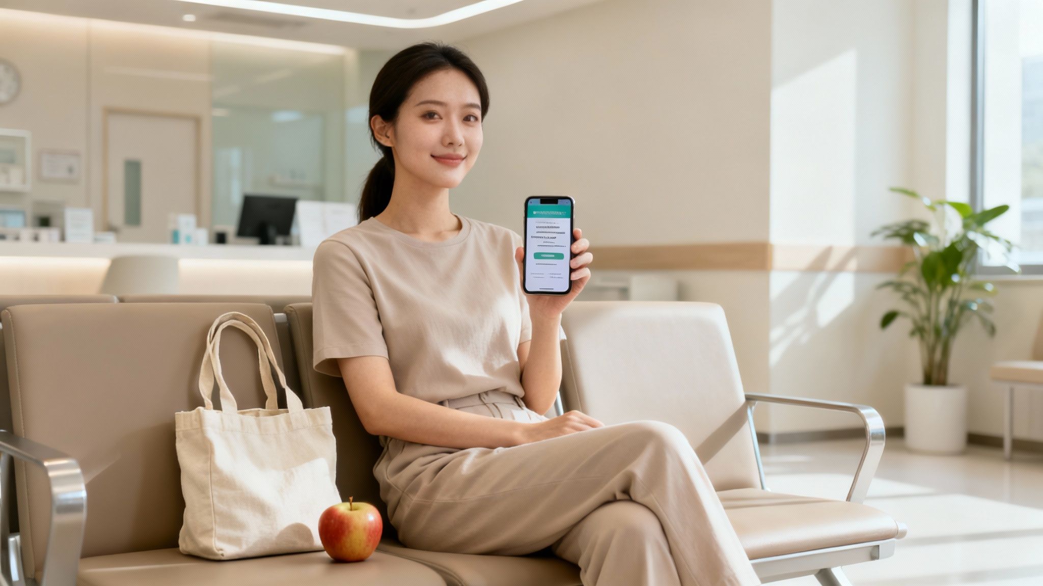 A smiling Asian woman in a hospital waiting room shows a smartphone with a health app.