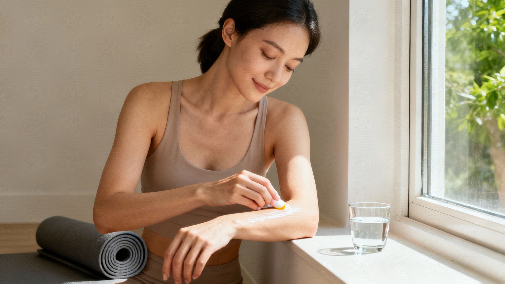 A smiling woman in sportswear applies cream to her arm by a window with a yoga mat.