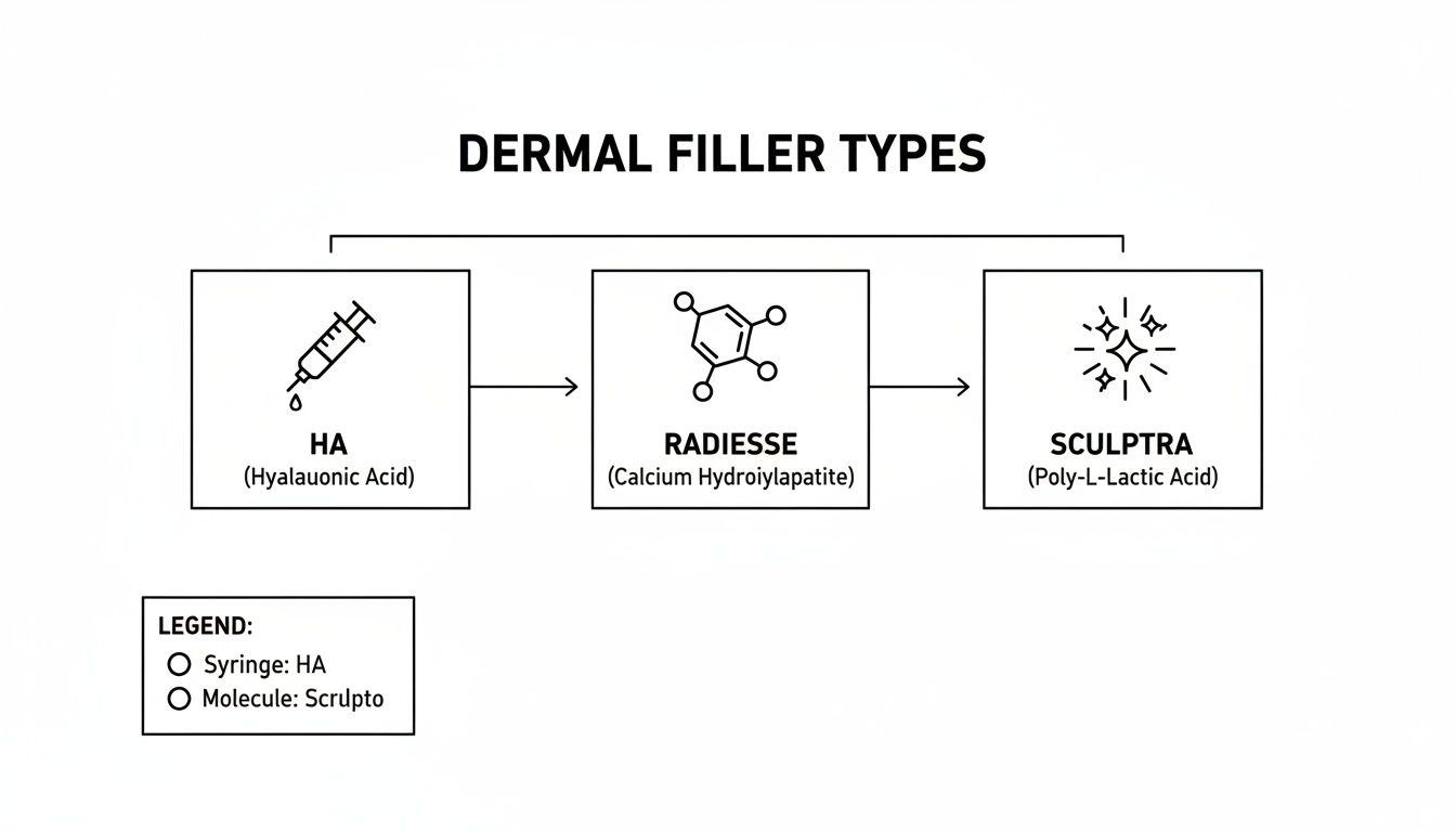 Diagram illustrating three types of dermal fillers: HA, Radiesse, and Sculptra, with their chemical compositions.