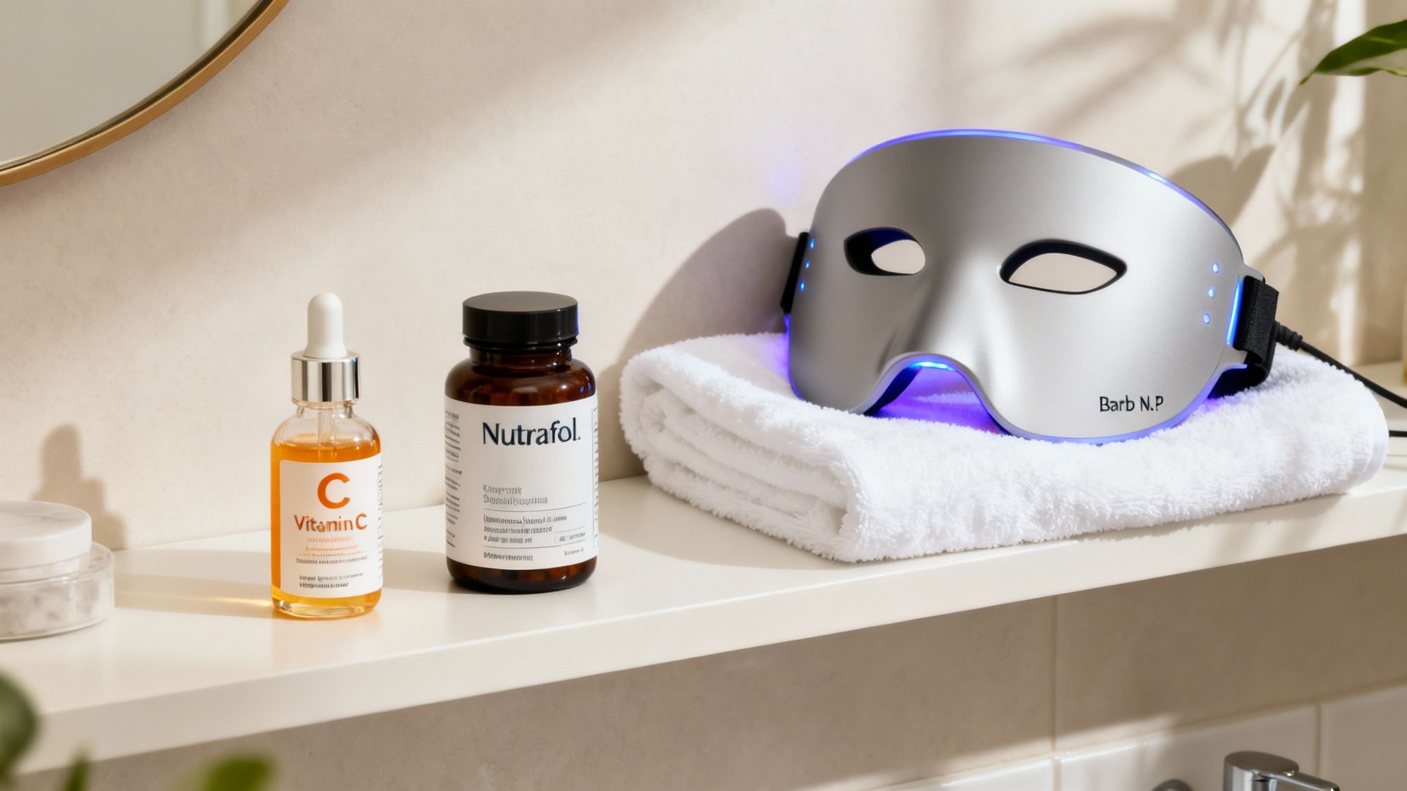 A vitamin C serum bottle, Nutrafol supplements, and a blue light therapy mask on a white shelf.