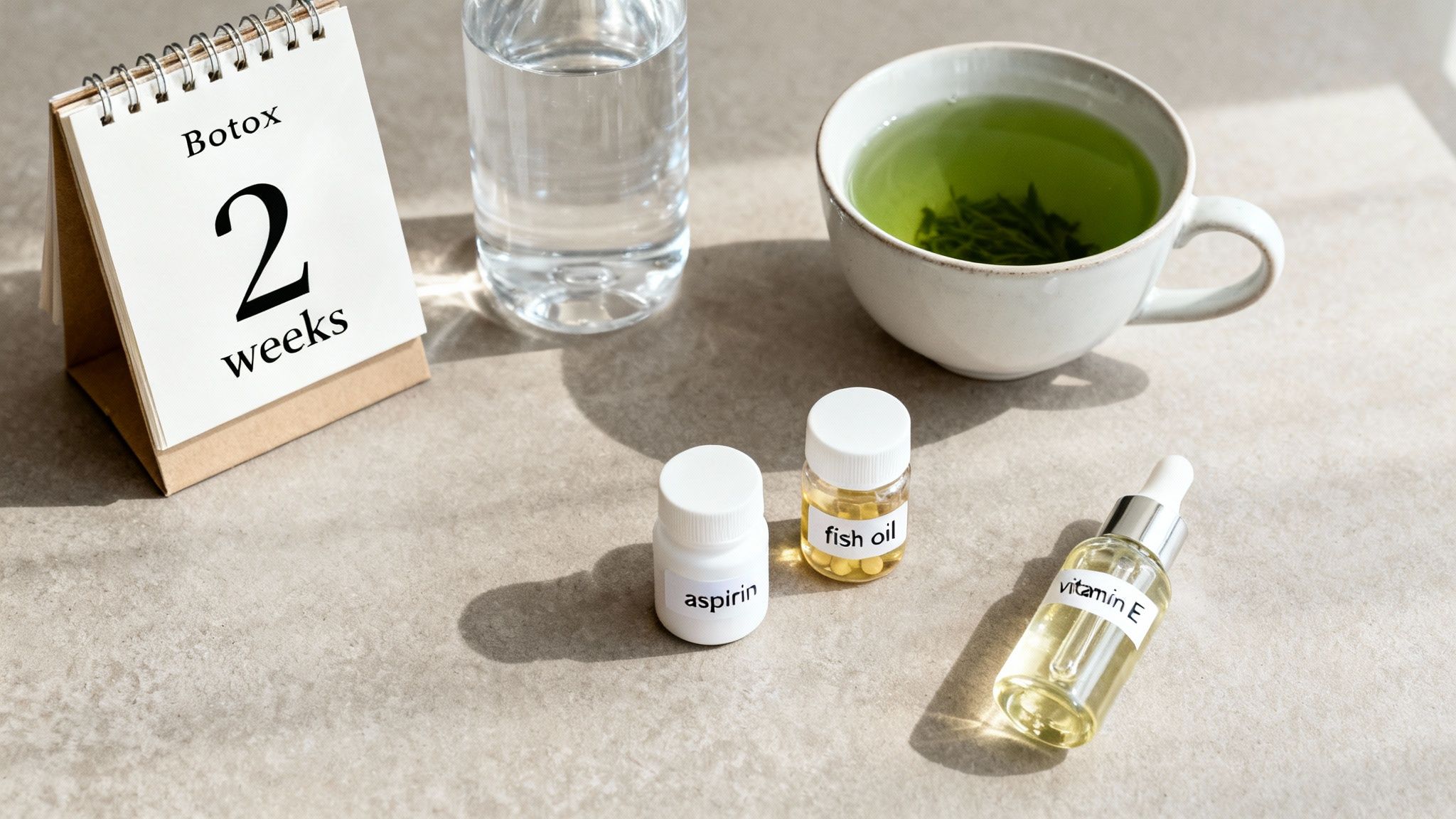 Flat lay of items for Botox preparation: calendar, water, green tea, aspirin, fish oil, vitamin E.