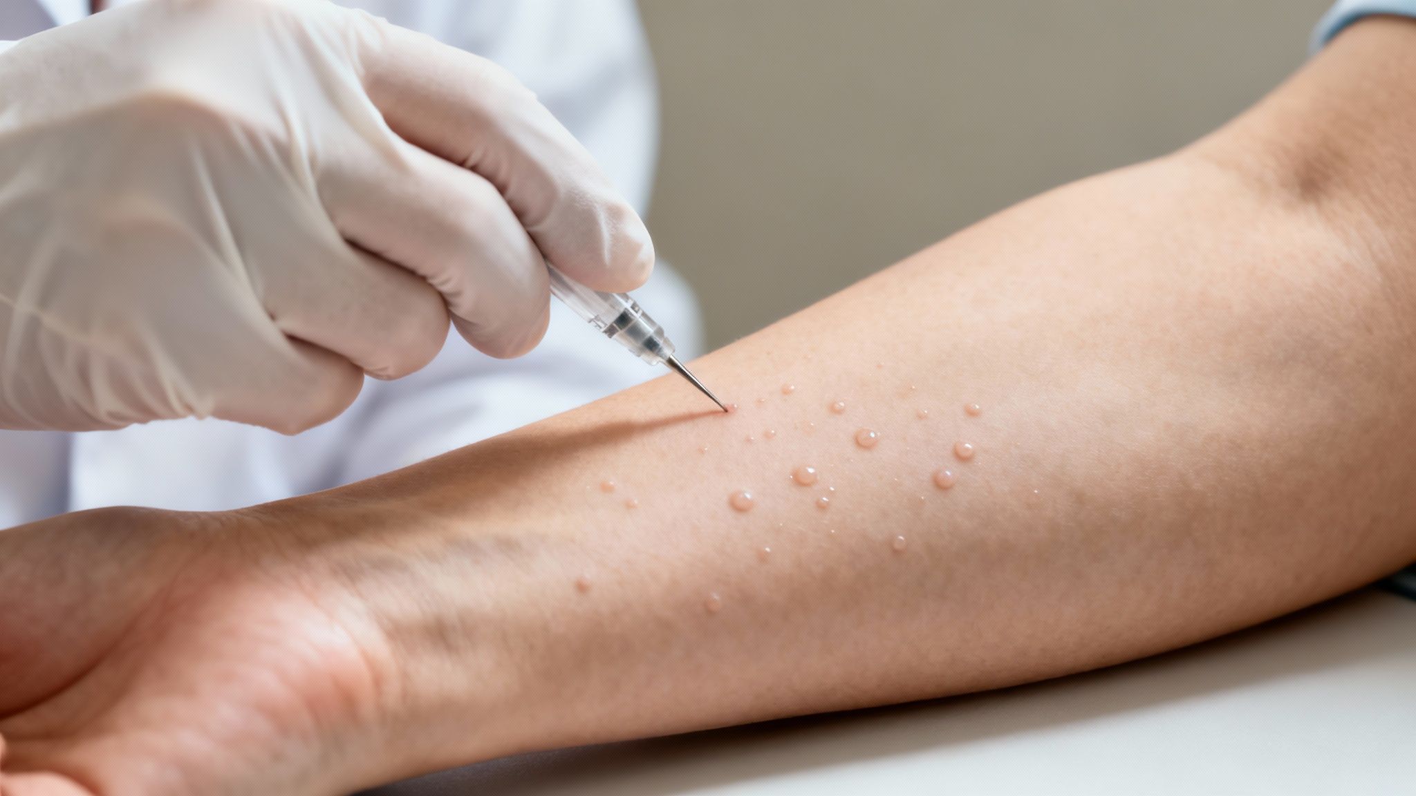 Medical professional performing an allergy skin prick test on a patient's arm, showing positive reactions.
