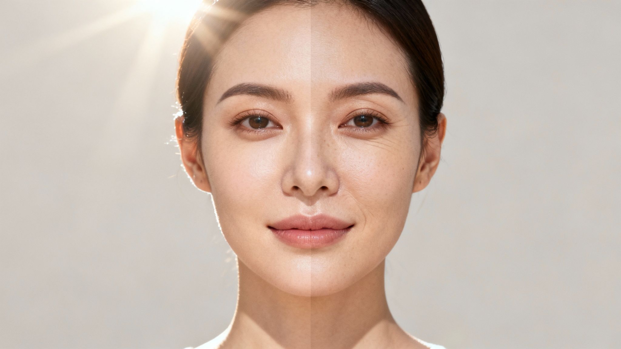 Young woman with healthy glowing clear skin after effective sun damage skincare treatment