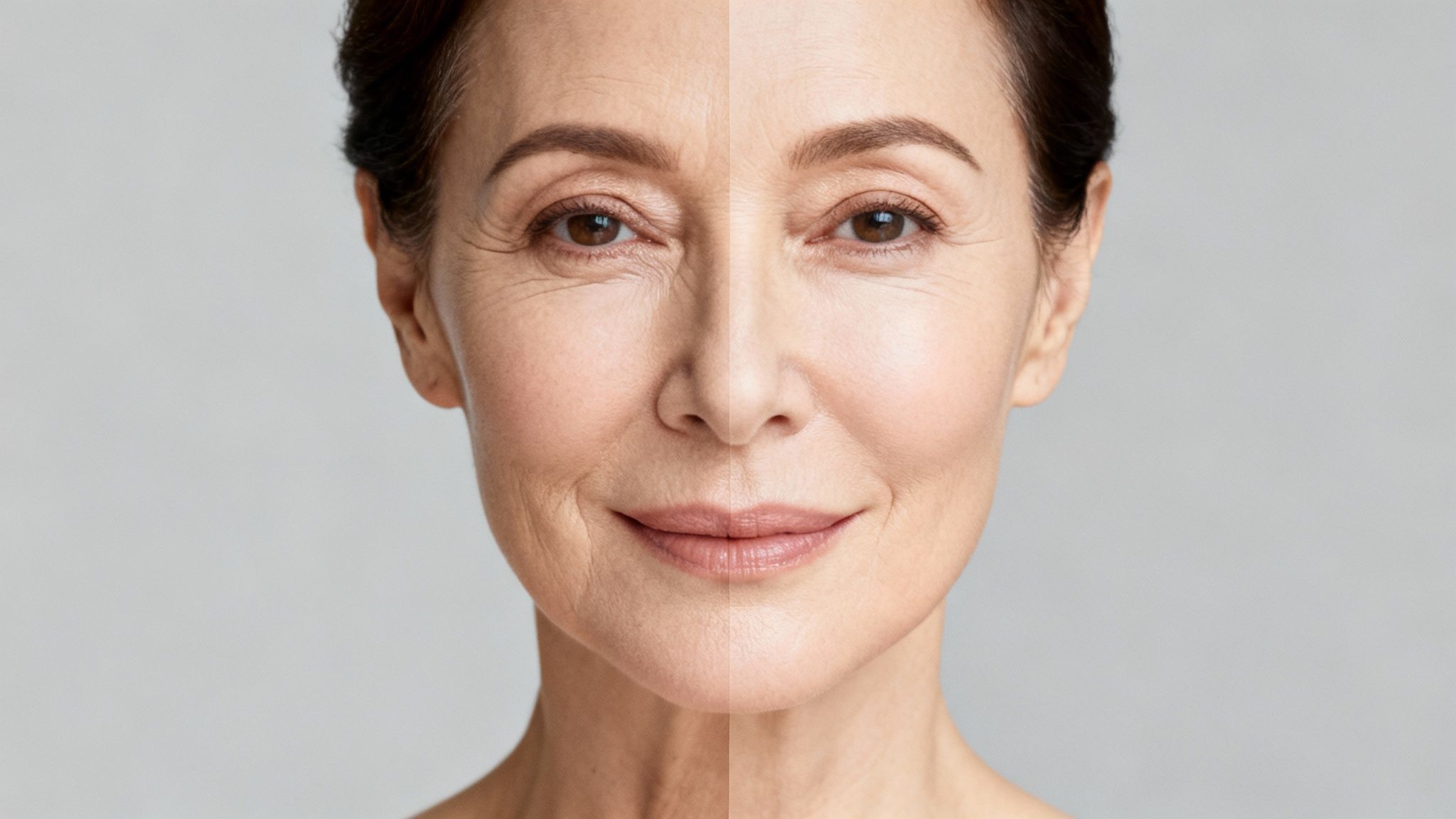 Split image comparing a woman's wrinkled face (before) to smoother, rejuvenated skin (after).