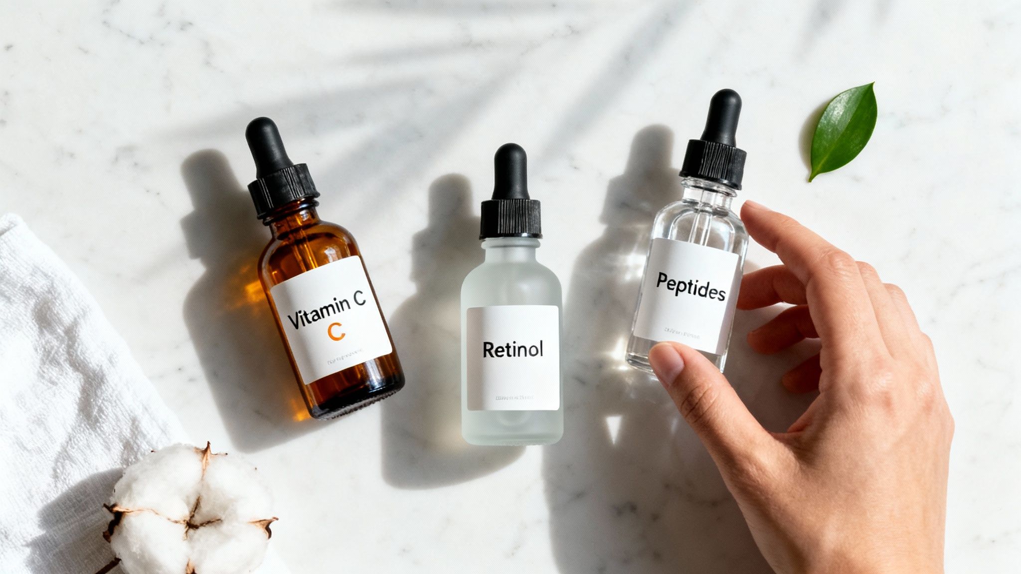 Three anti-aging skincare serums (Vitamin C, Retinol, Peptides) on marble, a hand holding one.