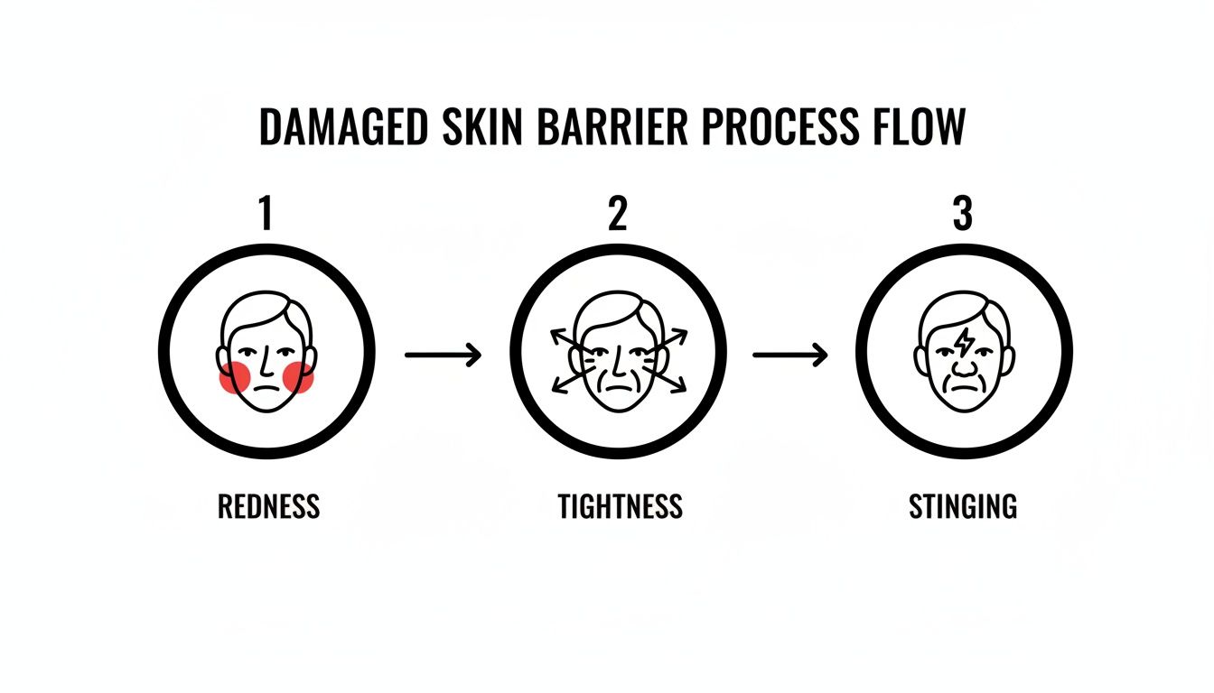 Flowchart illustrating the damaged skin barrier process, showing steps: 1. Redness, 2. Tightness, 3. Stinging.