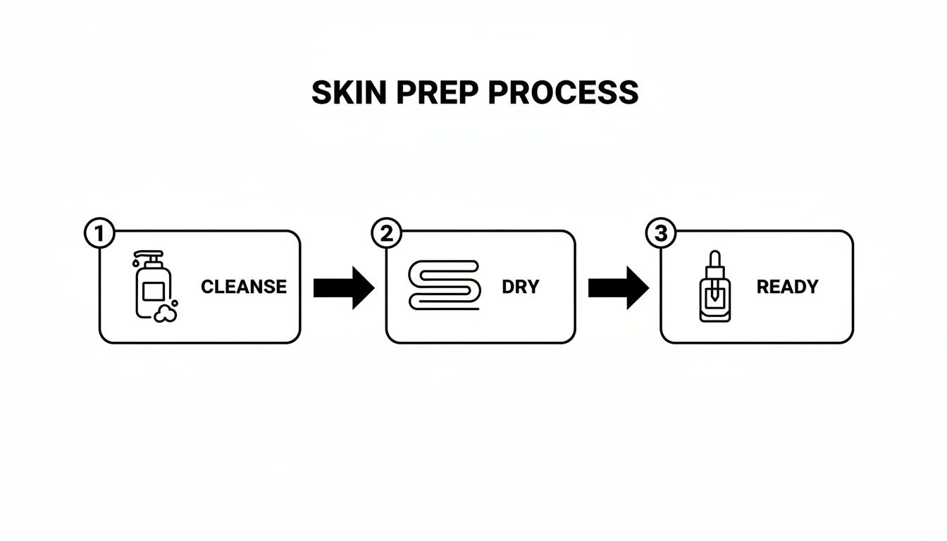 A visual guide illustrating a 3-step skin prep process: cleanse, dry, and ready for use.