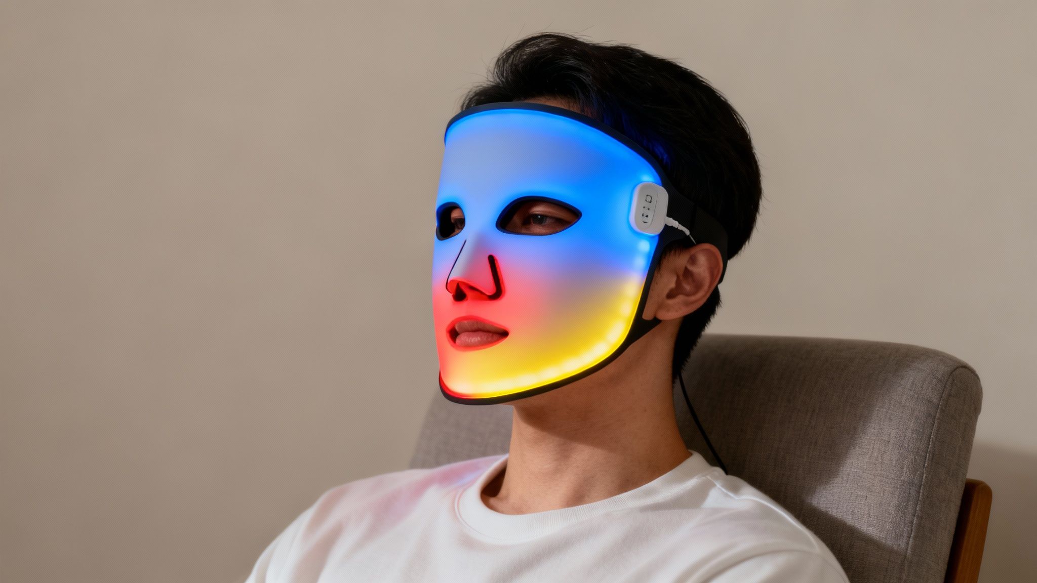 A person using an LED facial mask, which illuminates their face with red light, highlighting an advanced treatment for an oily skincare routine.