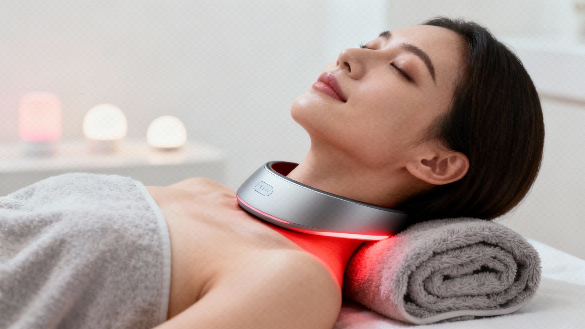 A person using the BARB N.P. Facial Mask, showing its comfortable fit and glowing LED lights.
