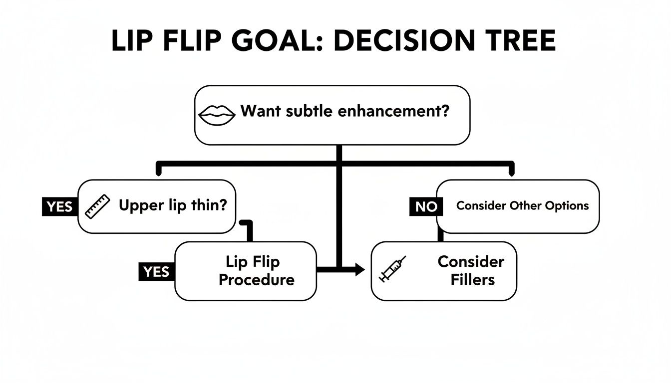 Decision tree for lip enhancement goals, guiding choices between lip flip procedure, fillers, or other options.