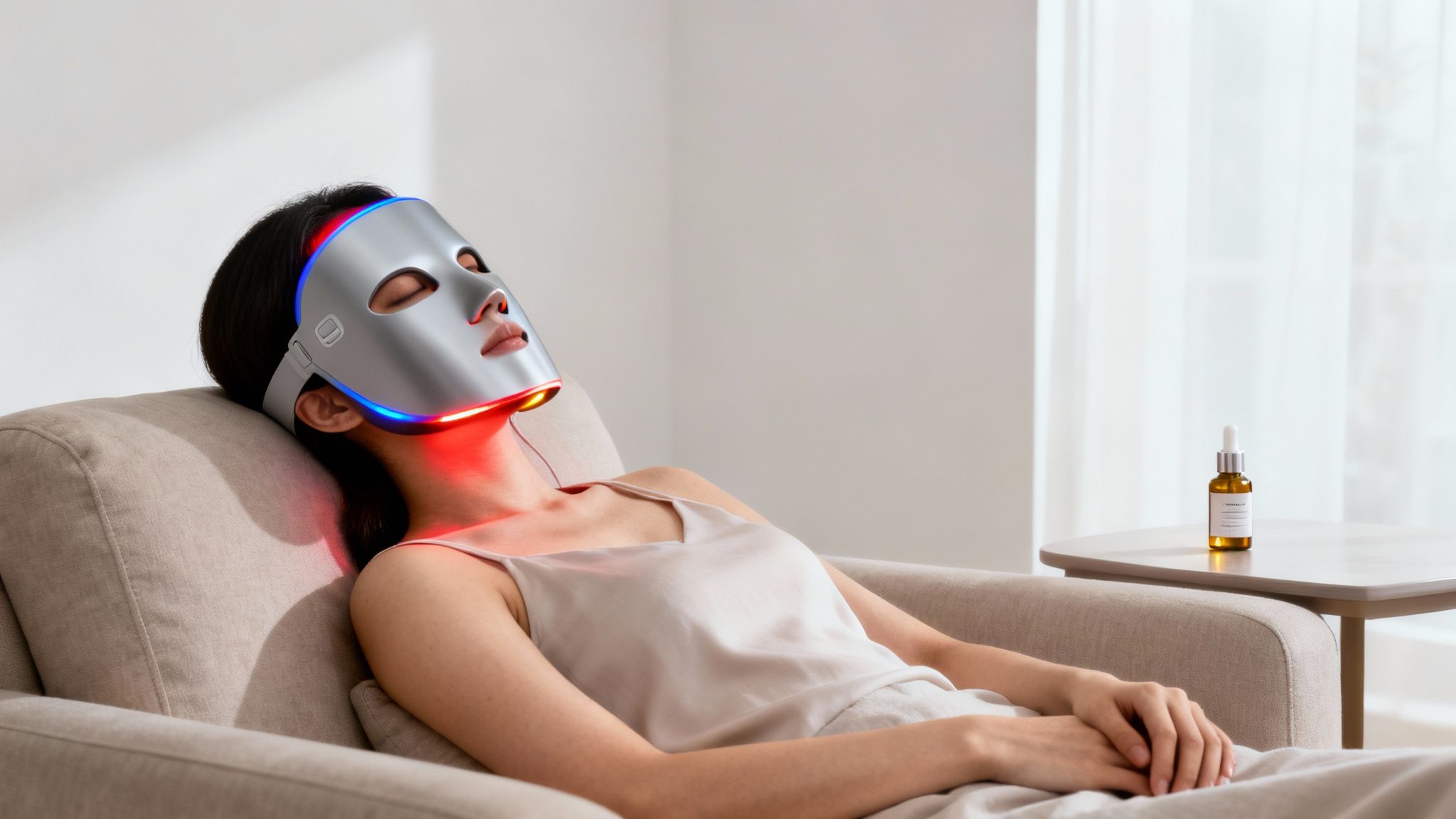 Woman wearing an LED light therapy mask while relaxing on a sofa, with a serum bottle.