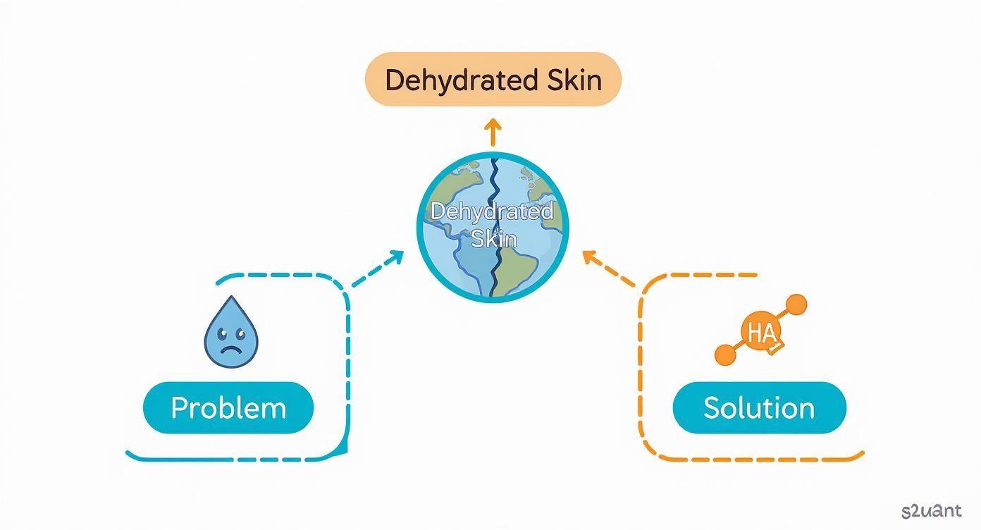 A diagram illustrating the problem of dehydrated skin, showing a sad water drop, and the solution with a Hyaluronic Acid molecule.