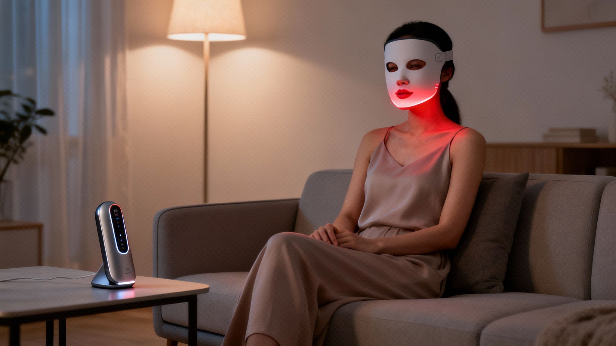 A woman on a couch wearing a red light therapy mask, with a device on the table.
