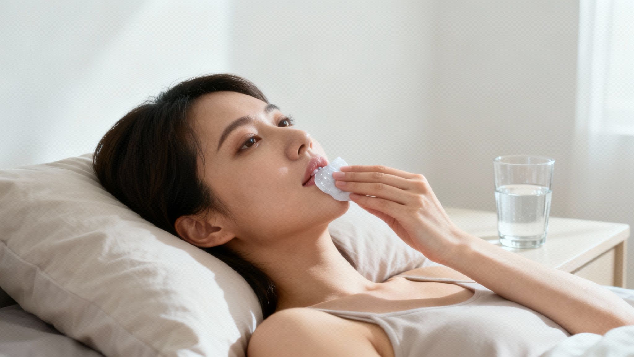 A woman applying a lip balm, suggesting aftercare