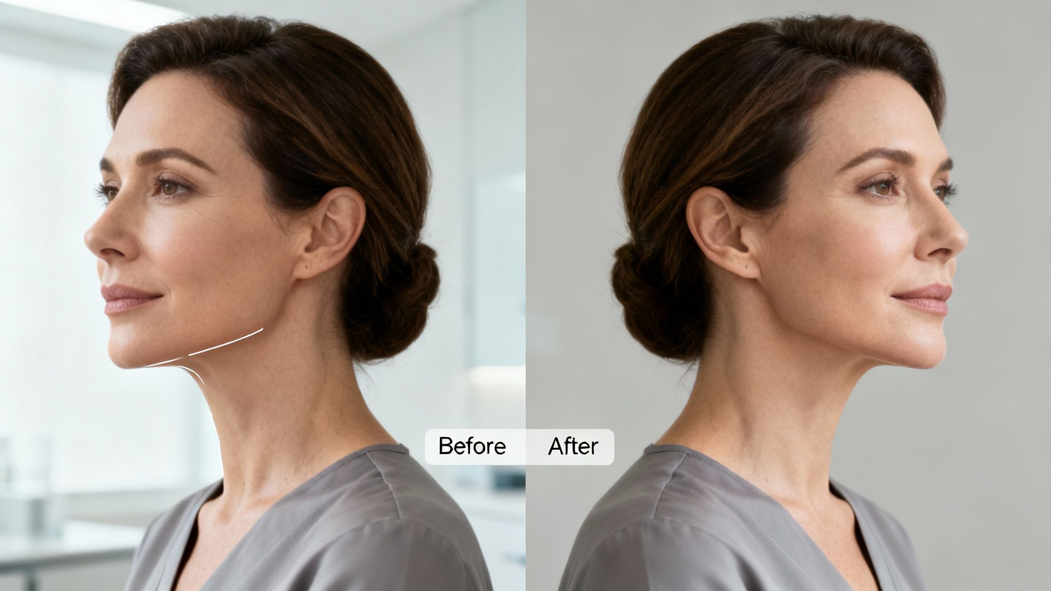 Before and after comparison of a woman's profile showing an improved jawline and neck contour.