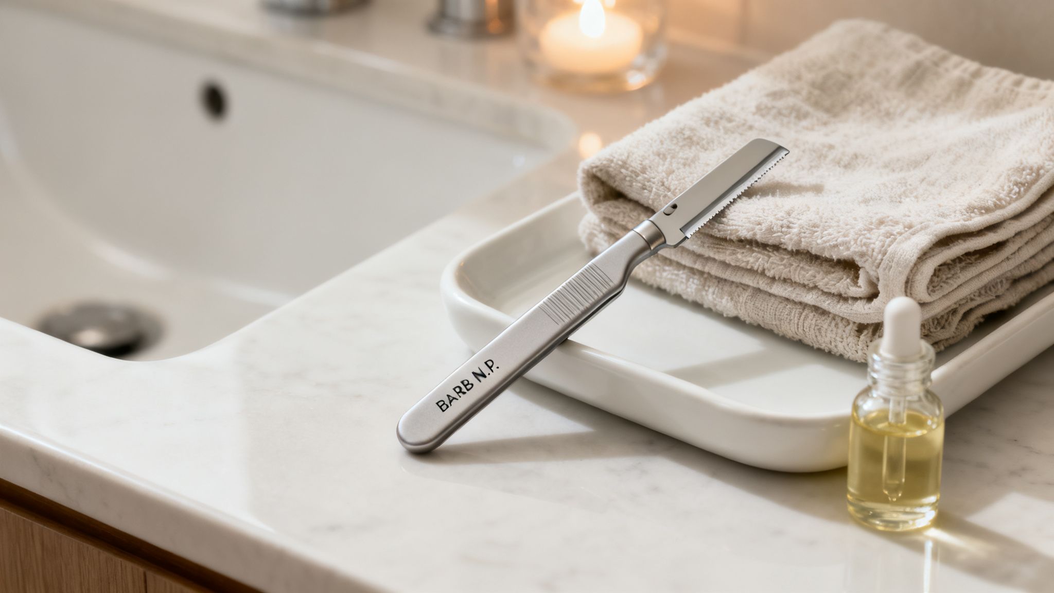 Dermaplaning razor, folded towels, and serum bottle on a marble bathroom counter.