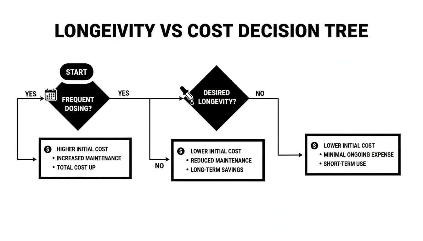 A decision tree flowchart titled 'Longevity vs Cost Decision Tree', outlining cost implications based on dosing frequency and desired longevity.
