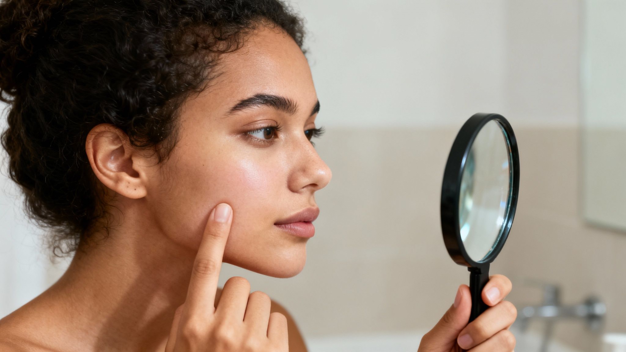 A young woman with curly hair examines her face using a magnifying glass, touching her cheek.