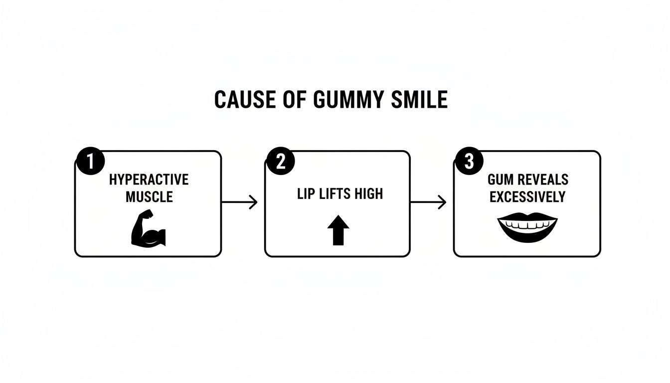 A three-step flowchart explains the cause of a gummy smile: hyperactive muscle, high lip lift, and excessive gum revelation.