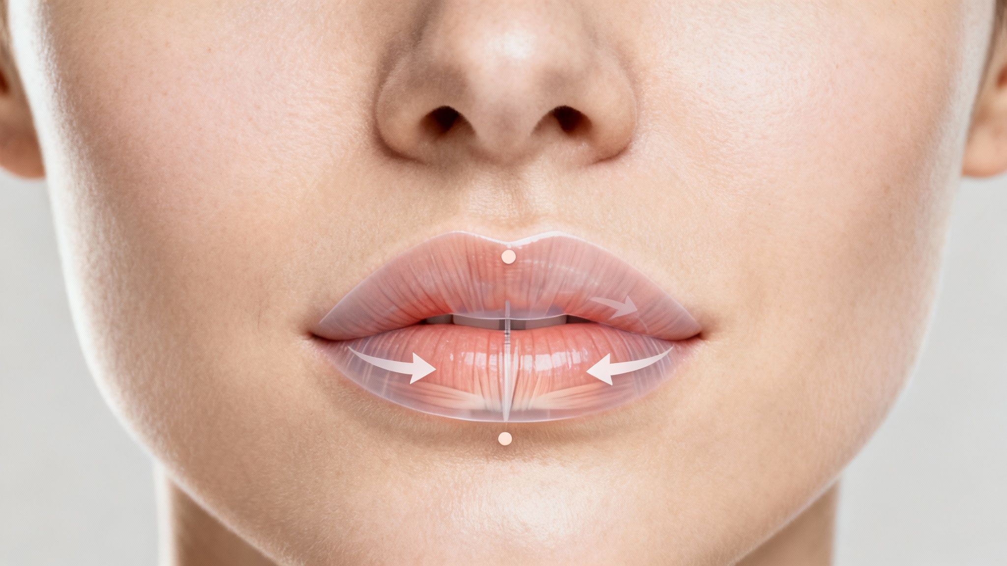 Close-up of a person's mouth with a translucent overlay on lips, illustrating a lip flip procedure with arrows.