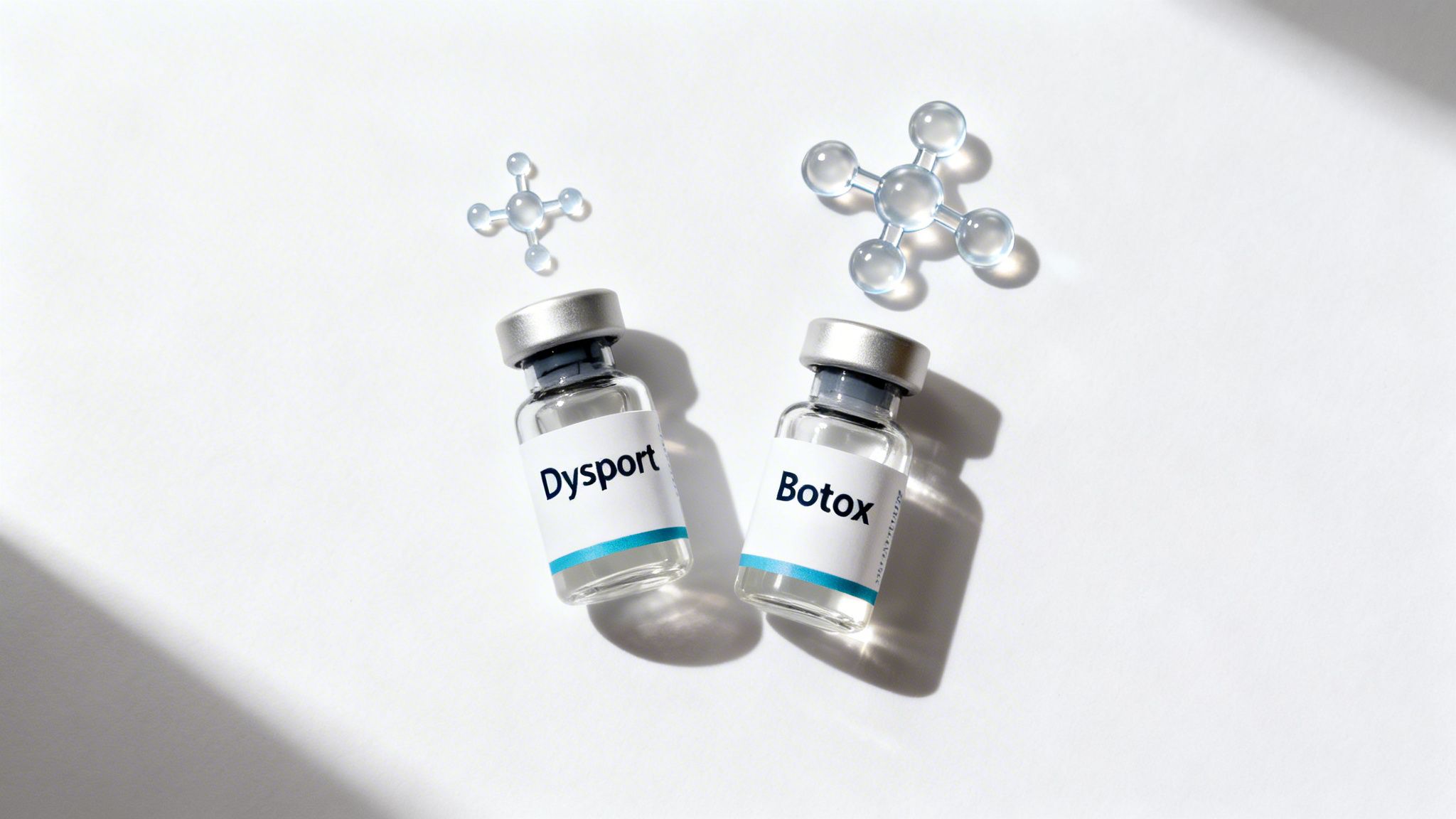 Two glass vials labeled Dysport and Botox, accompanied by molecular models on a white background.