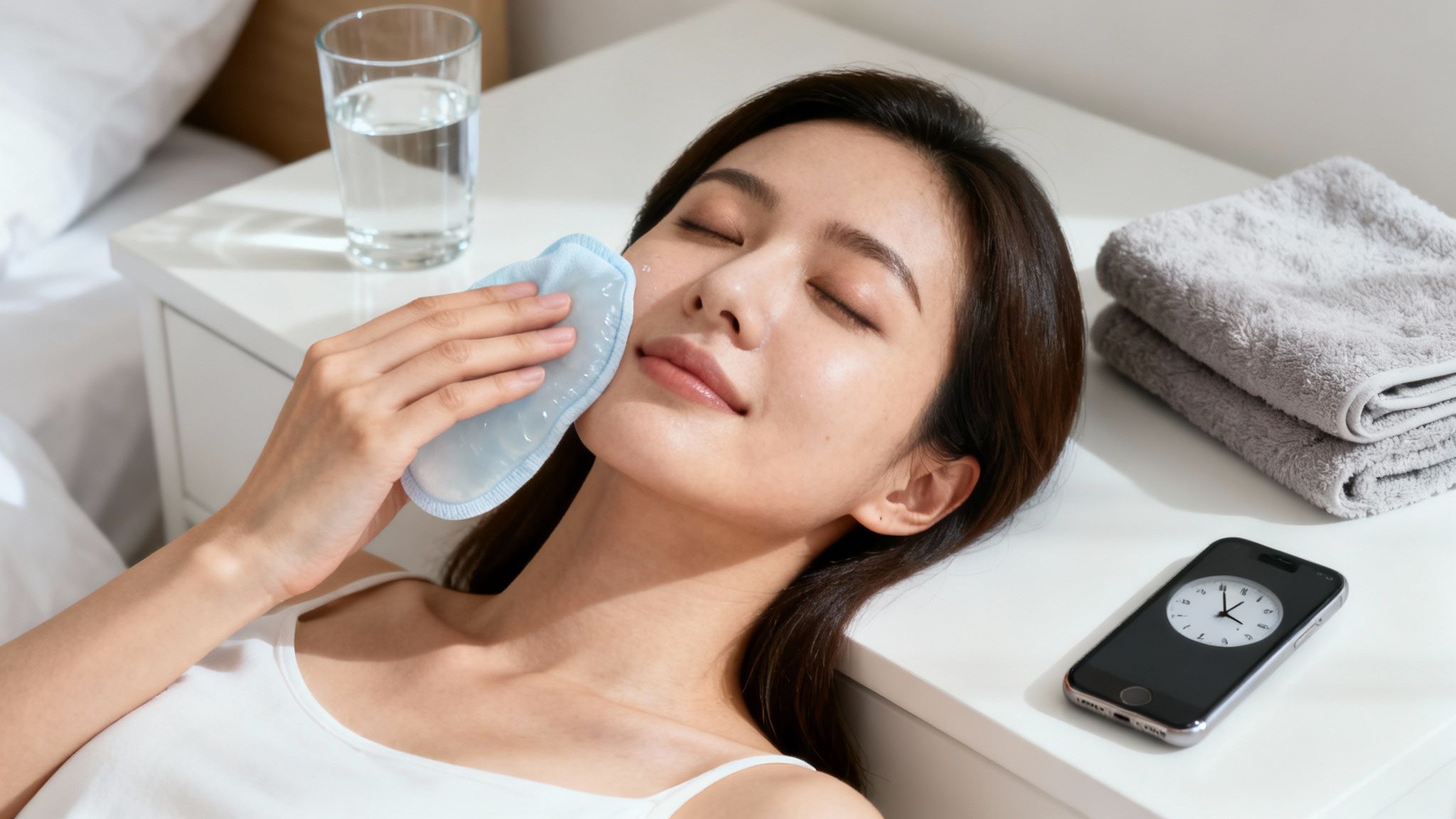 A young woman uses an ice pack on her cheek while relaxing, with water and towels nearby.